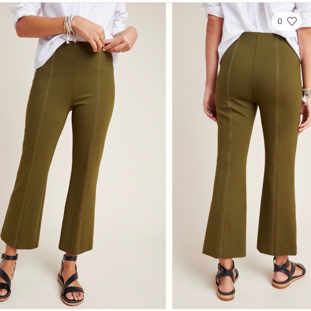 Anthropologie Crop Flare Pants Small Moss Green High Rise Pull On Workwear